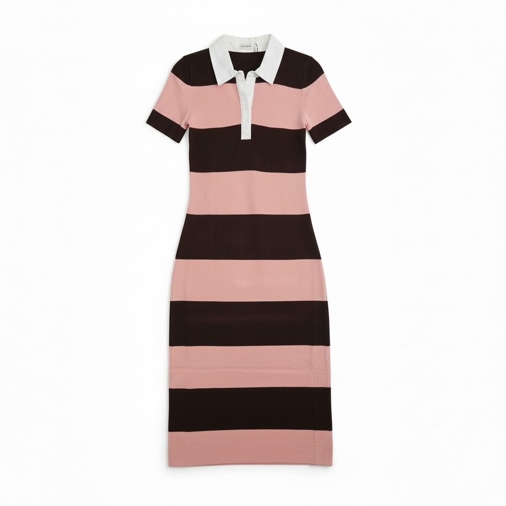 Active USA Striped Knit Polo Midi Dress - Pink & Brown Preppy Collared Sheath - Picture 14 of 15